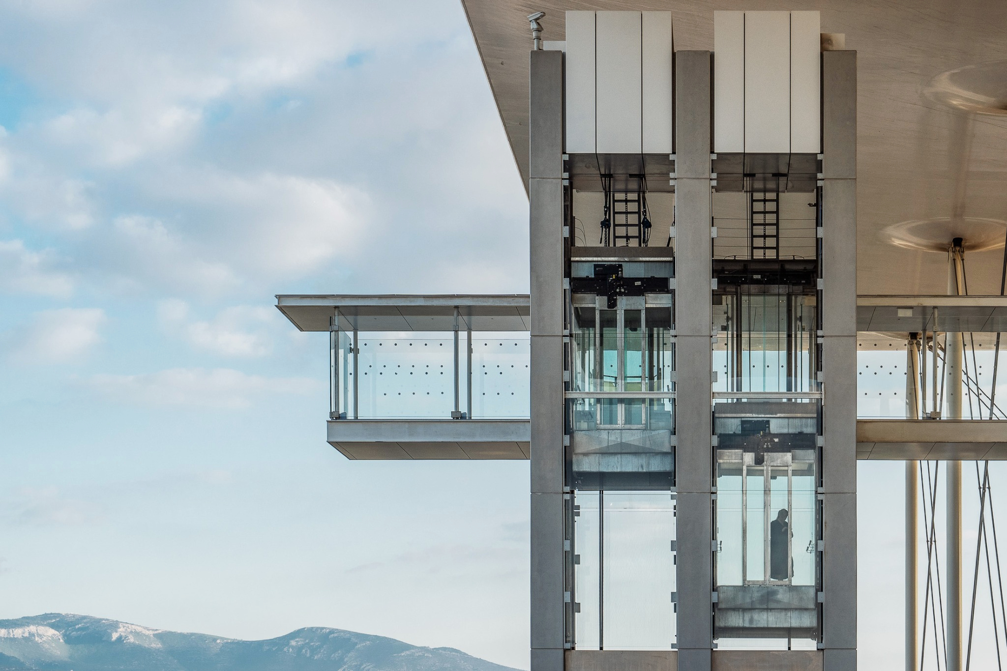 Stavros Niarchos Foundation Cultural Center — glass lift and canopy detail