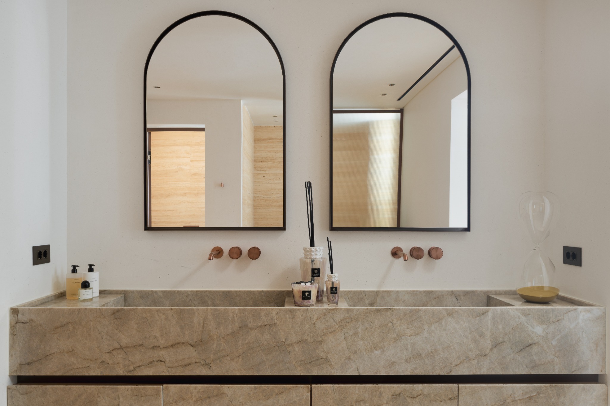 Private Residence — Mykonos, symmetrical bathroom with two arched mirrors