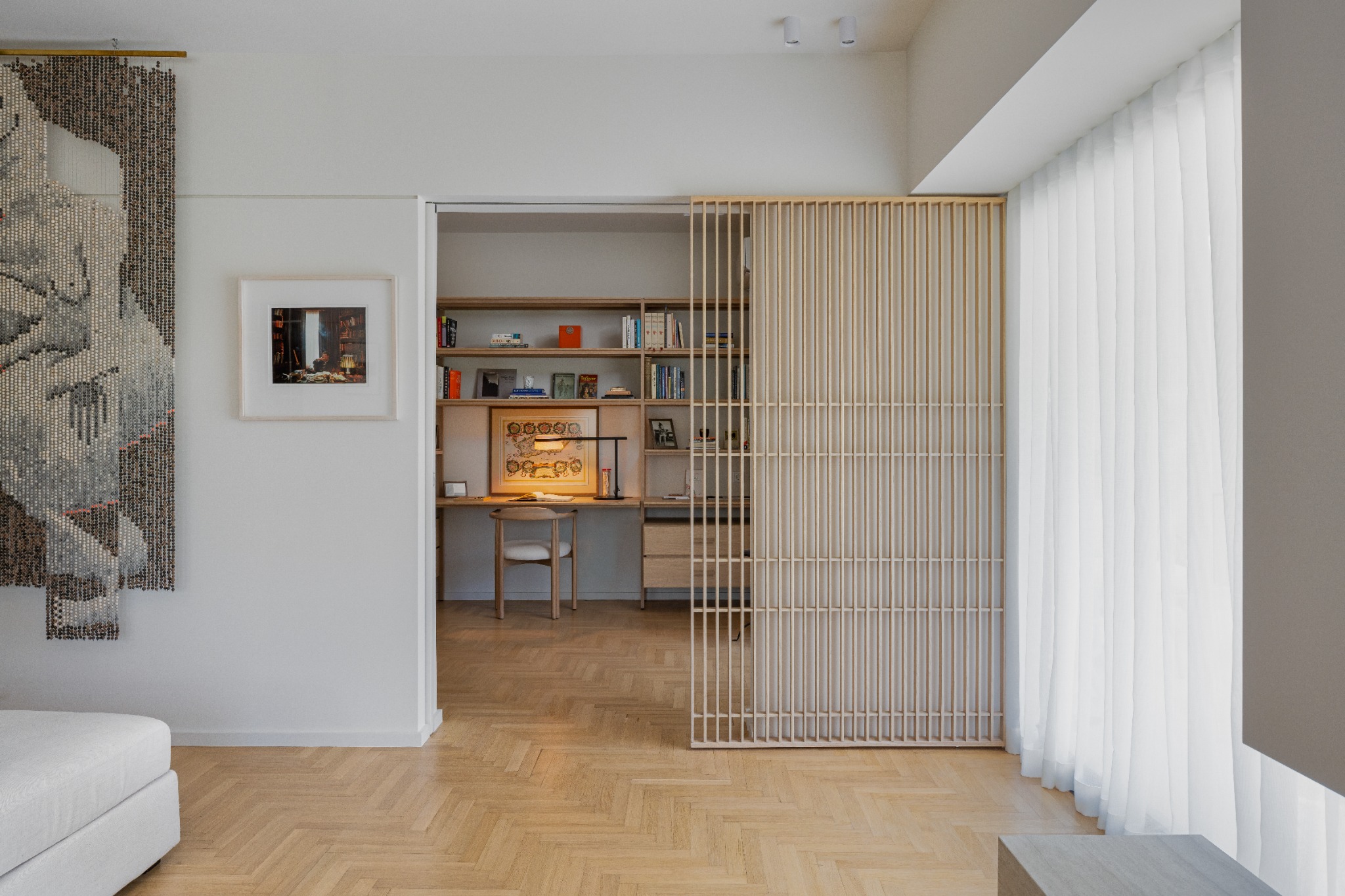 Residential Interiors — Voula, sliding office divider open revealing desk, photograph 7