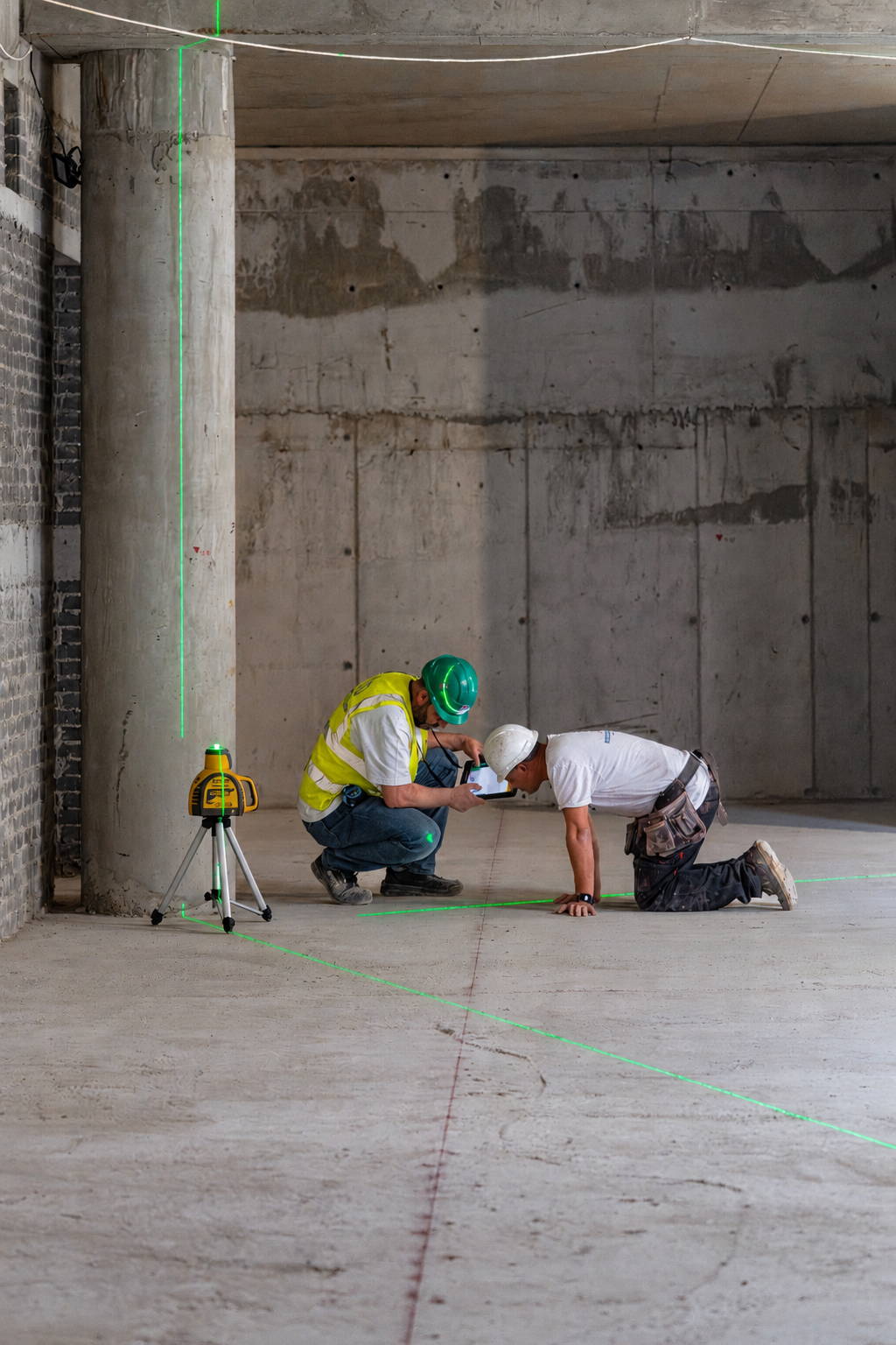 Two workers checking green laser alignment, one wearing a safety helmet