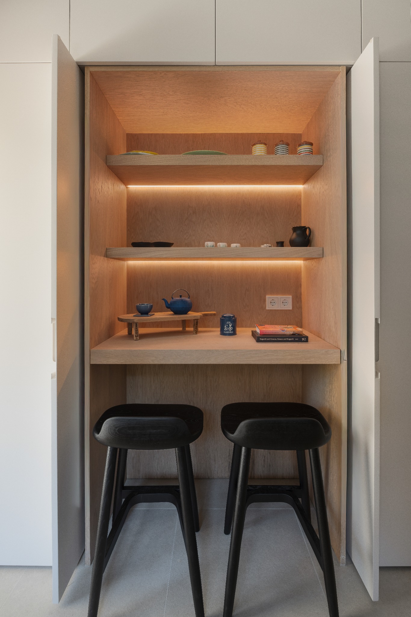 Residential Interiors — Voula, concealed timber coffee niche with sliding cabinetry open, photograph 5