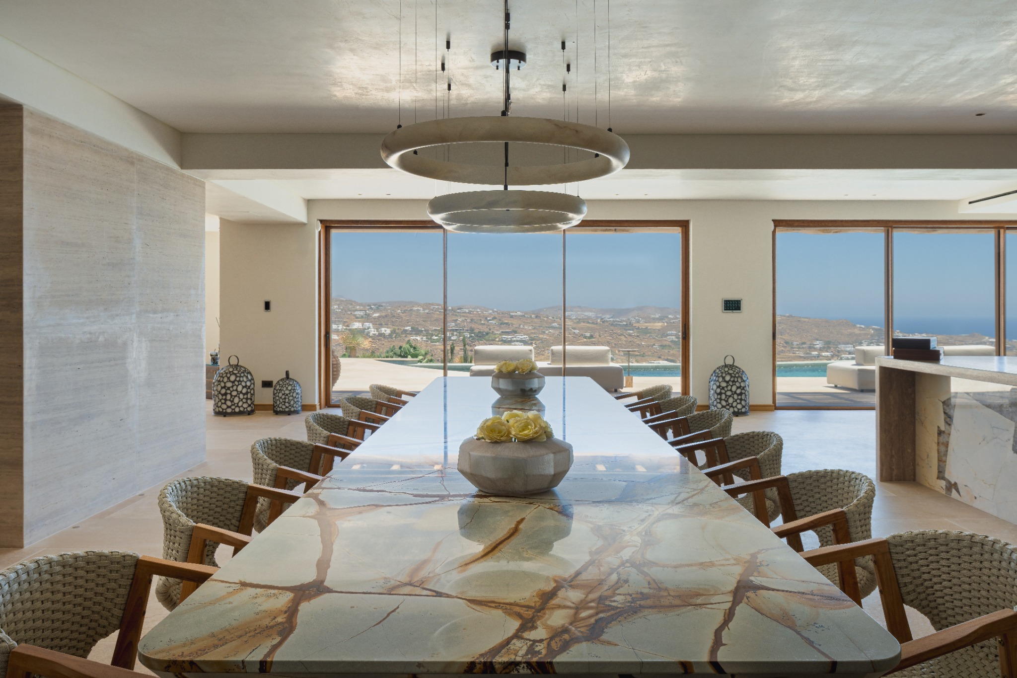 Private Residence — Mykonos, marble dining table and sea view